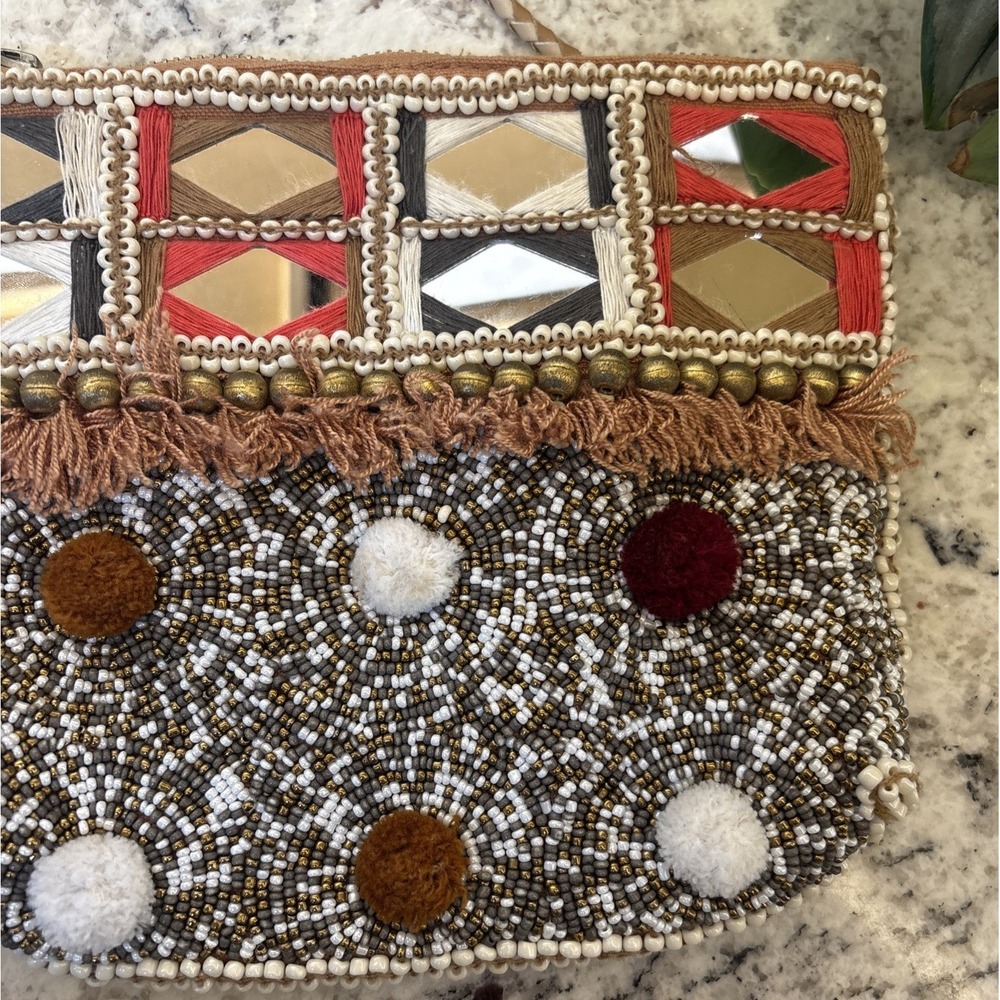 Revolve Riyaz Shashi Tribal Beaded Mirror‎ Fringe Crossbody Shoulder Bag Boho - Picture 3 of 16